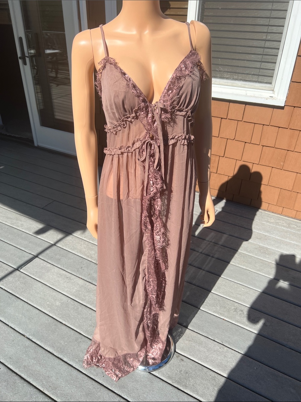 Sheer Lace-Trim Duster That Ties at Front Size L